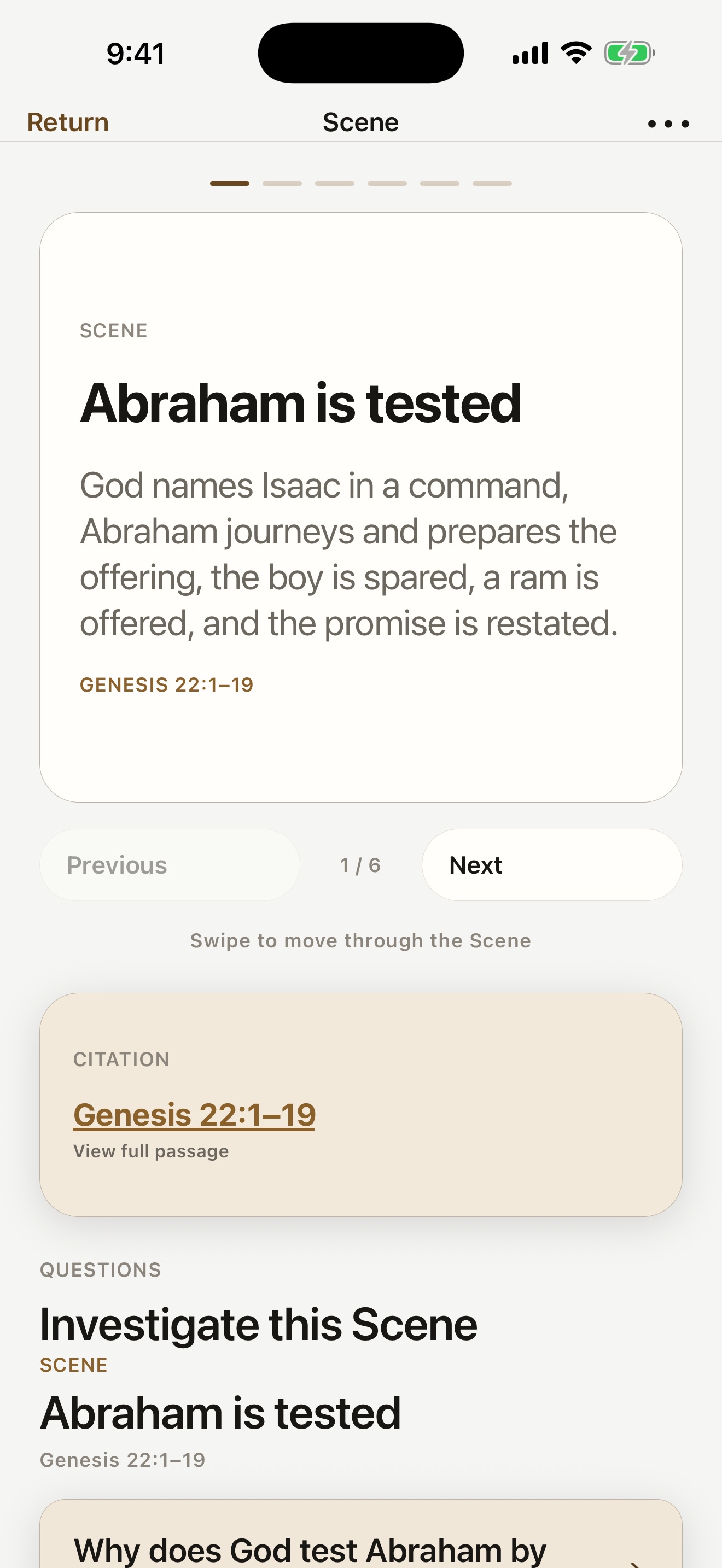 SceneStory showing the opening frame of Abraham is tested, with its Genesis 22 citation.